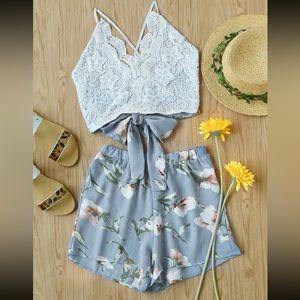 Lace Panel Criss Cross Bow Tie Back Cami Top With Floral Shorts